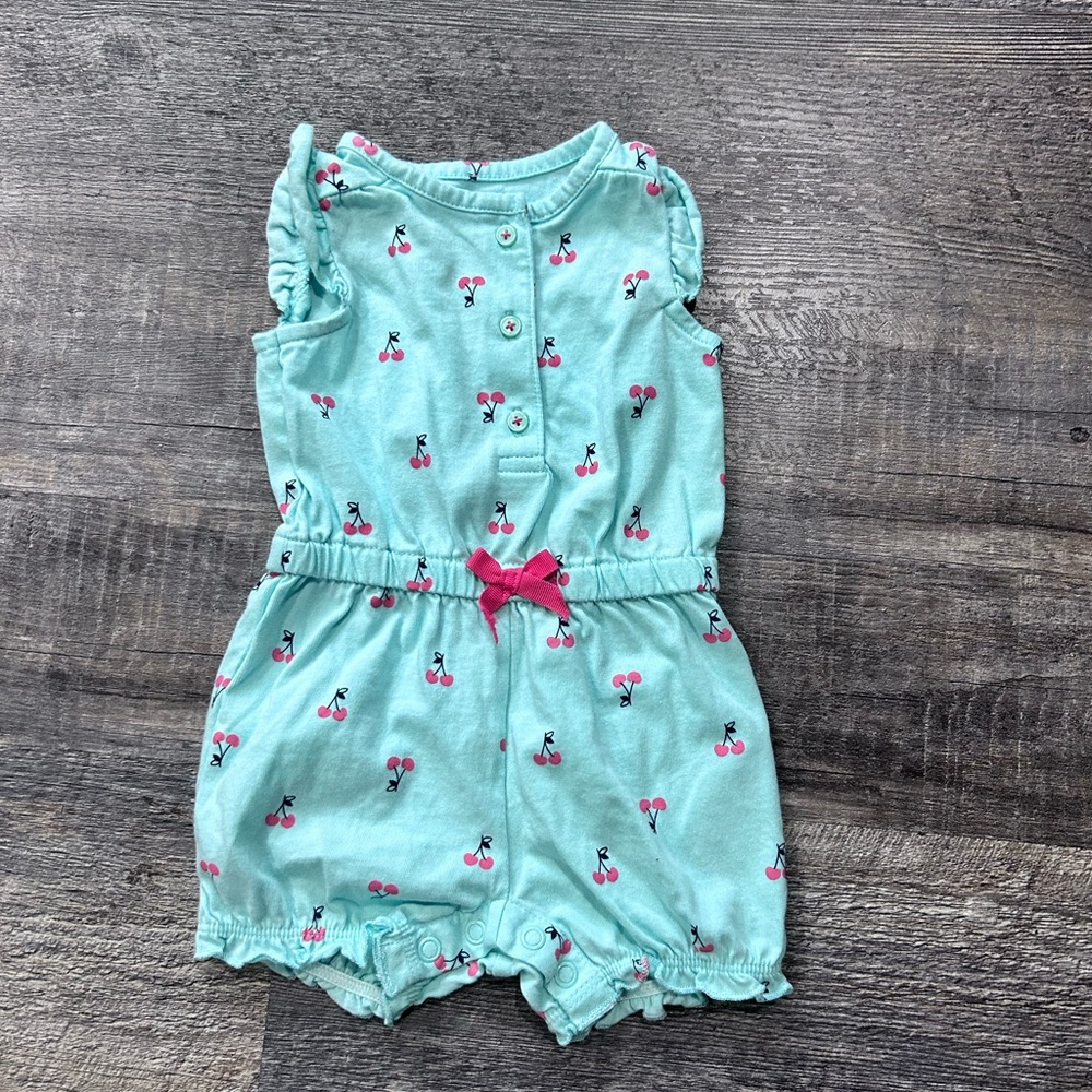 Adorable Cherry Print Kids Romper - Teal and Pink